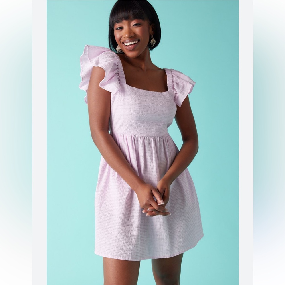Francesca's Mi Ami Bella Ruffle Sleeve Bow Back Mini Dress Pink Pockets Small